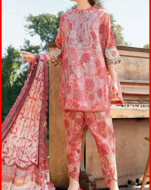 Maria B Digital Printed Unstitched Lawn Suit in Pink Colour