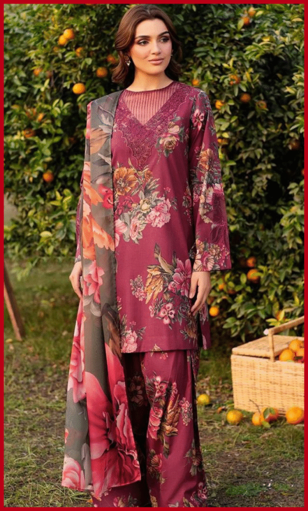 BAROQUE 3PC Lawn Suit in Mehroon colour
