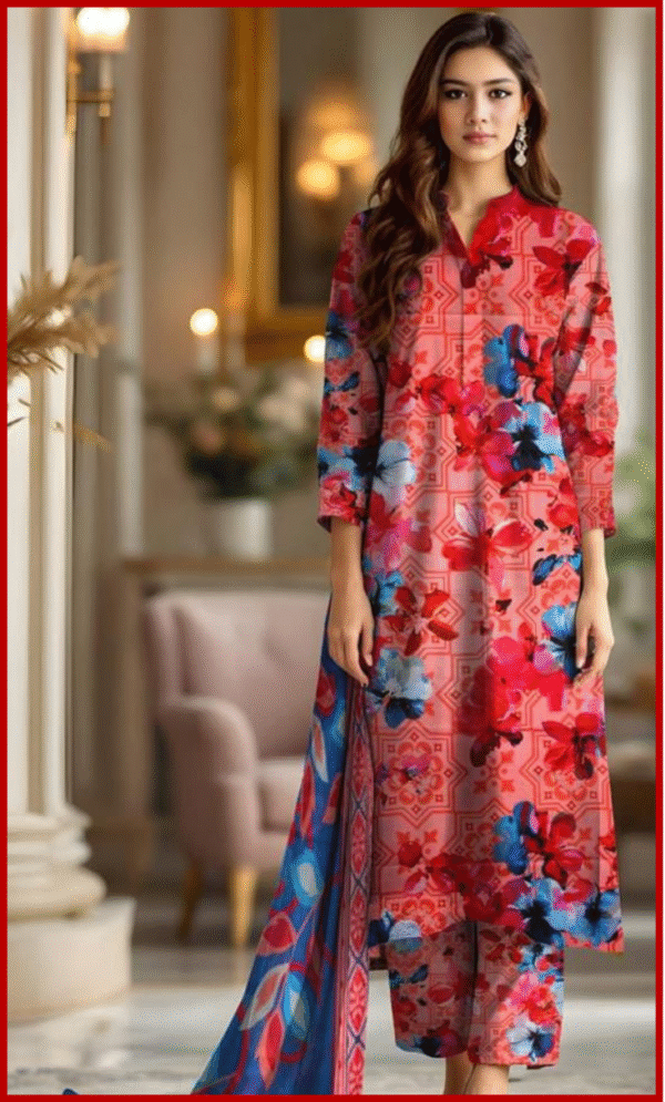BAROQUE Digital Printed Lawn suit in Red & Blue Colour Lawn Suit