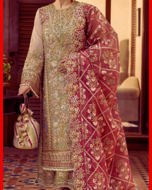 Crimson – Unstitched Organza Embroidered Suit with Satin Silk Trouser & Printed Dupatta