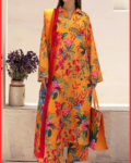 ETHNIC 3PC Printed Lawn Suit in Warm Mustard Yellow Colour