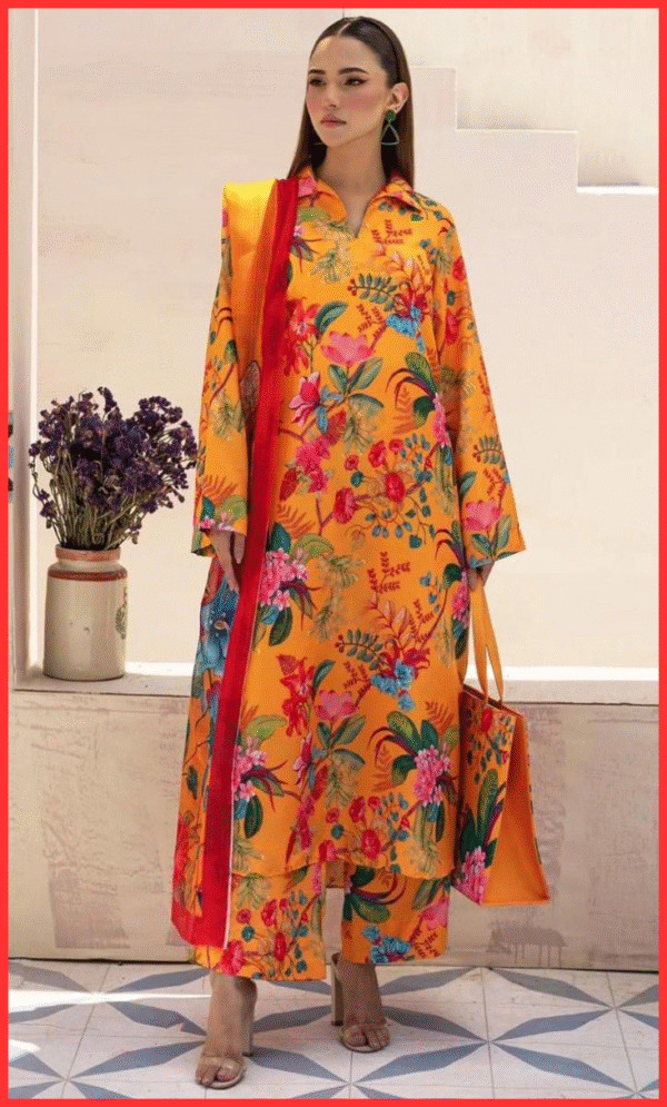 ETHNIC 3PC Printed Lawn Suit in Warm Mustard Yellow Colour