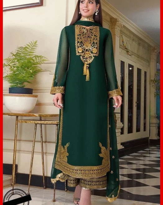 Unstitched Chiffon Heavy Embroidered Spangle Work Suit with Satin Silk Trouser & Dupatta