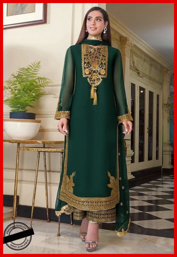 Unstitched Chiffon Heavy Embroidered Spangle Work Suit with Satin Silk Trouser & Dupatta