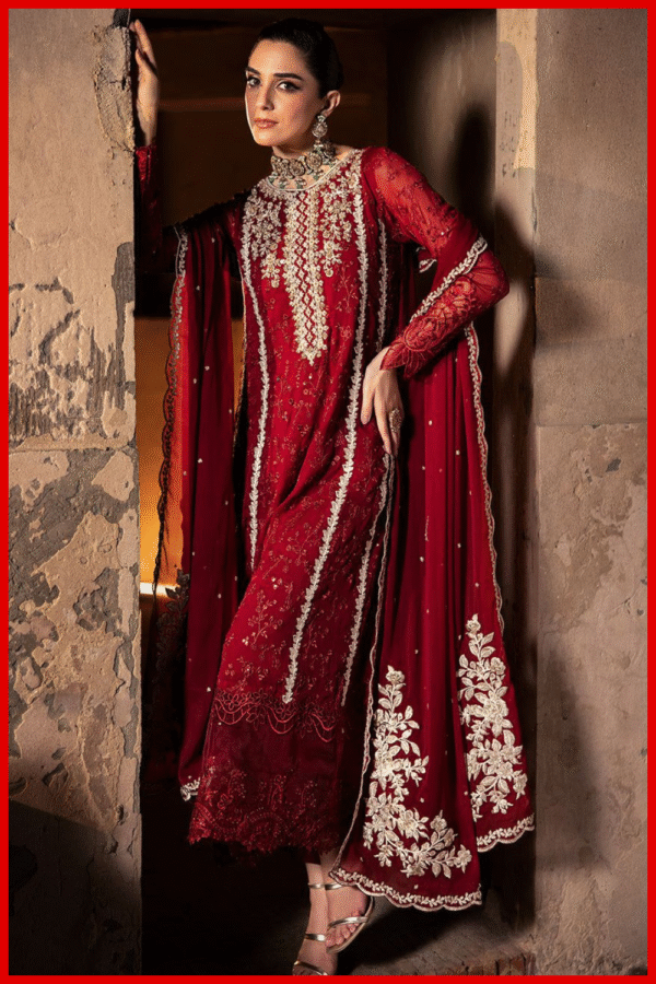 Red Embroidered Party Wear Chiffon Suit - Wedding Collection