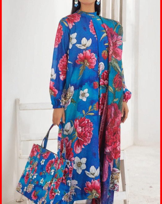 ETHNIC 3PC Unstitched Lawn Suit in Royal Blue Colour