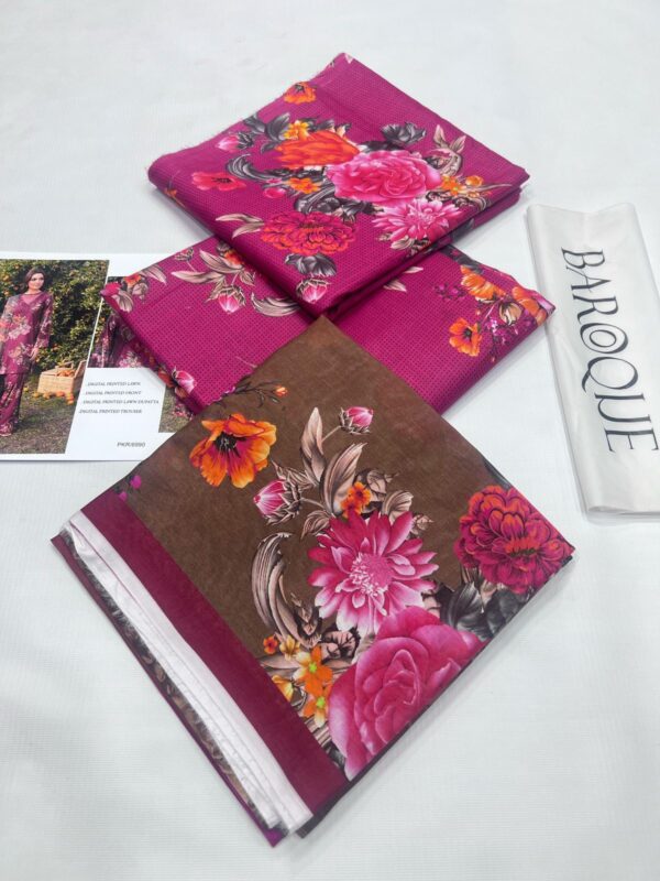 BAROQUE 3PC Lawn Suit in Mehroon colour