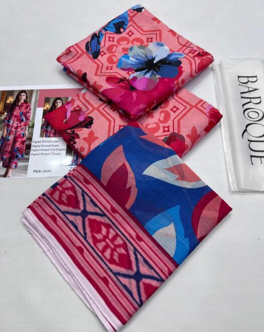 BAROQUE Digital Printed Lawn suit in Red & Blue Colour Lawn Suit