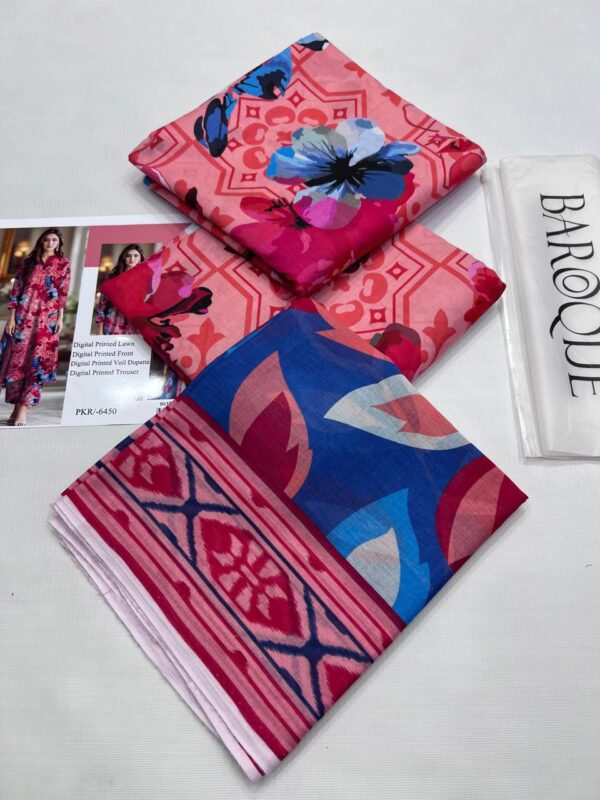 BAROQUE Digital Printed Lawn suit in Red & Blue Colour Lawn Suit