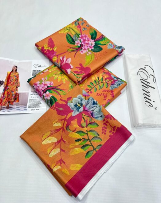 ETHNIC 3PC Printed Lawn Suit in Warm Mustard Yellow Colour