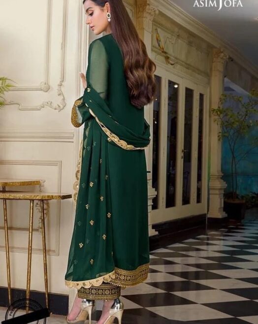 Unstitched Chiffon Heavy Embroidered Spangle Work Suit with Satin Silk Trouser & Dupatta