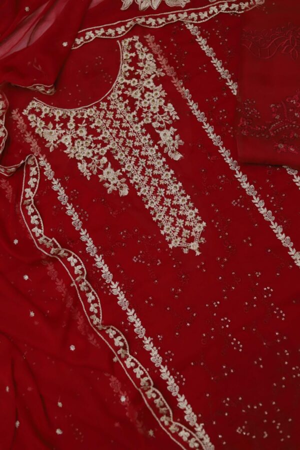 Red Embroidered Party Wear Chiffon Suit - Wedding Collection