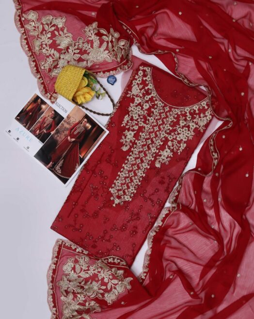 Red Embroidered Party Wear Chiffon Suit - Wedding Collection