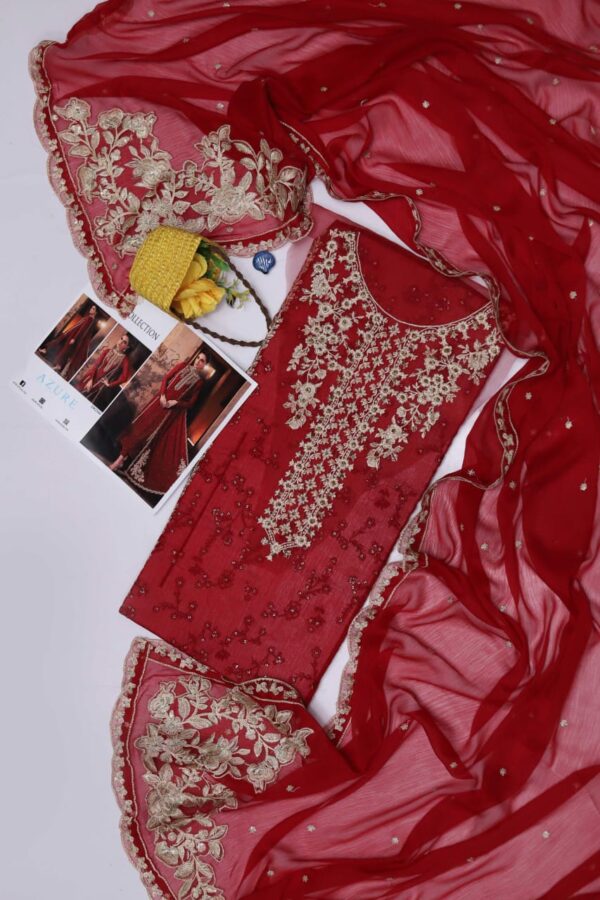 Red Embroidered Party Wear Chiffon Suit - Wedding Collection
