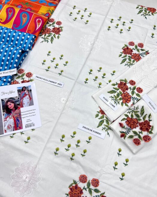 Nimra Mehra Premium Dhanak Embroidered Suit with Digital Wool Shawl