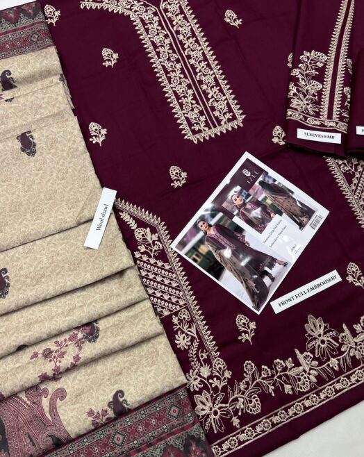 IZEL Premium Dhanak Embroidered Suit with Digital Wool Shawl