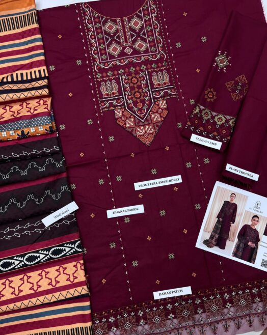 Sapphire Premium Dhanak Embroidered Suit with Digital Wool Shawl