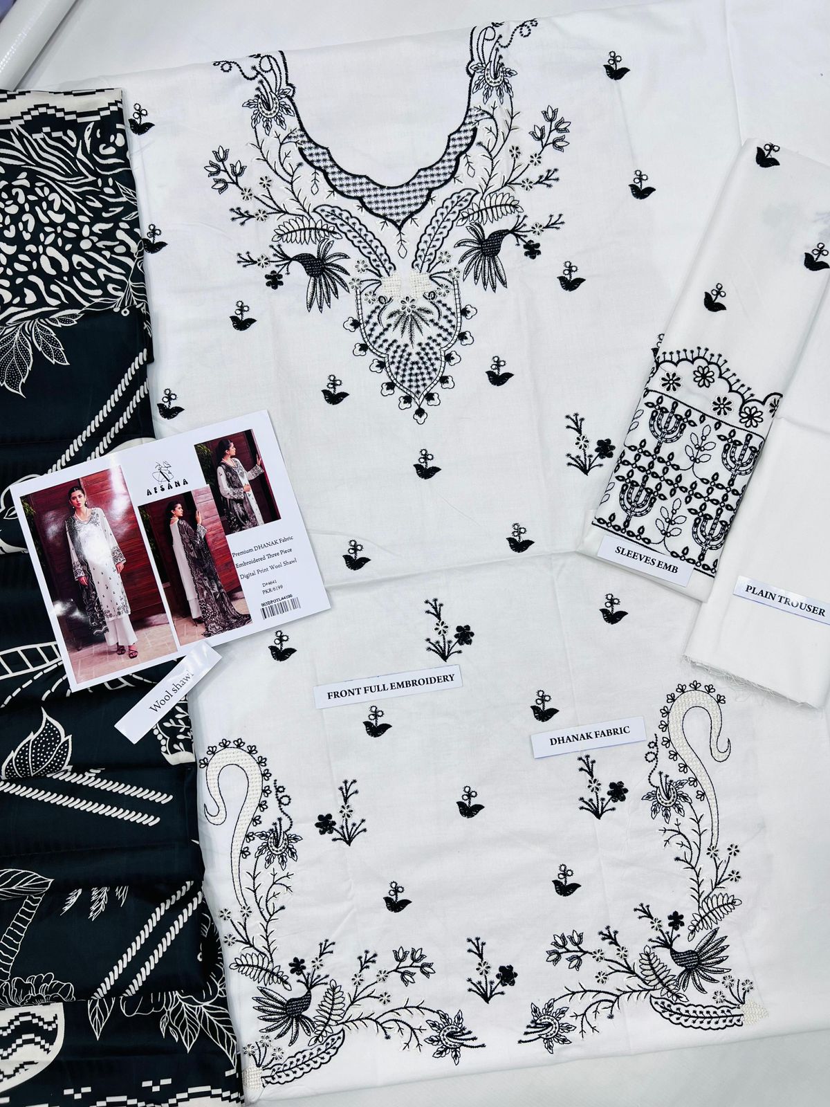 Afsana Premium Dhanak 3PC Embroidered Suit with Digital Wool Shawl