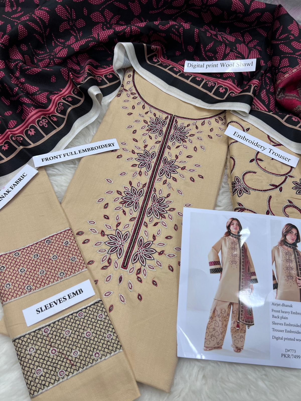 Jazmin Premium Dhanak Heavy Embroidered 3PC Suit 3001