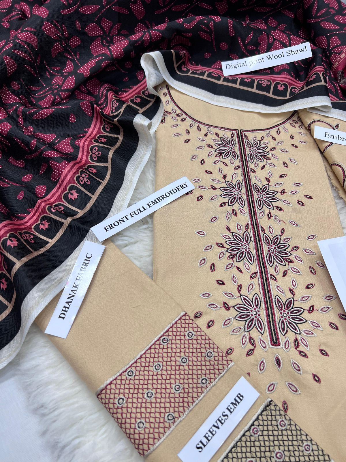 Jazmin Premium Dhanak Heavy Embroidered 3PC Suit 3001