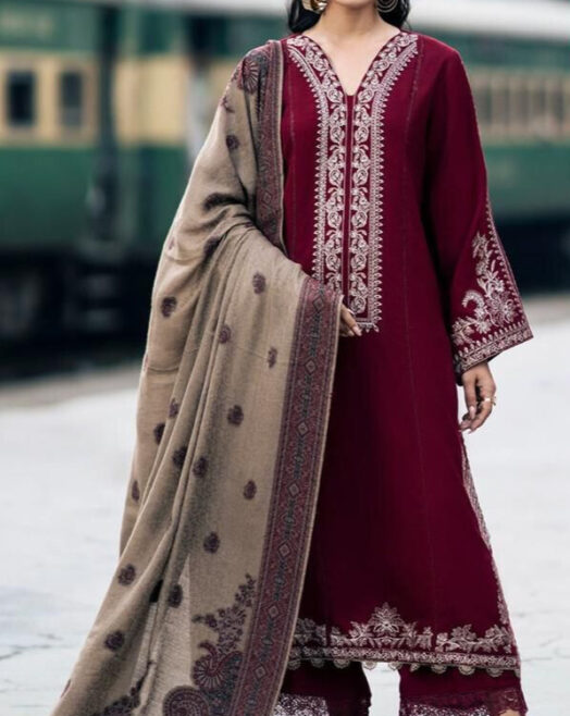 IZEL Premium Dhanak Embroidered Suit with Digital Wool Shawl