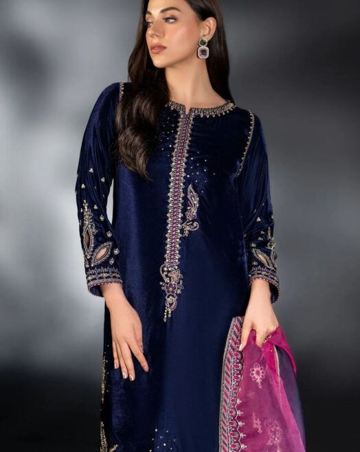 Naqashi Embroidered Velvet 3PC Dress | Partywear | Blue Zinc Embroidery | Velvet, Organza & Raw Silk