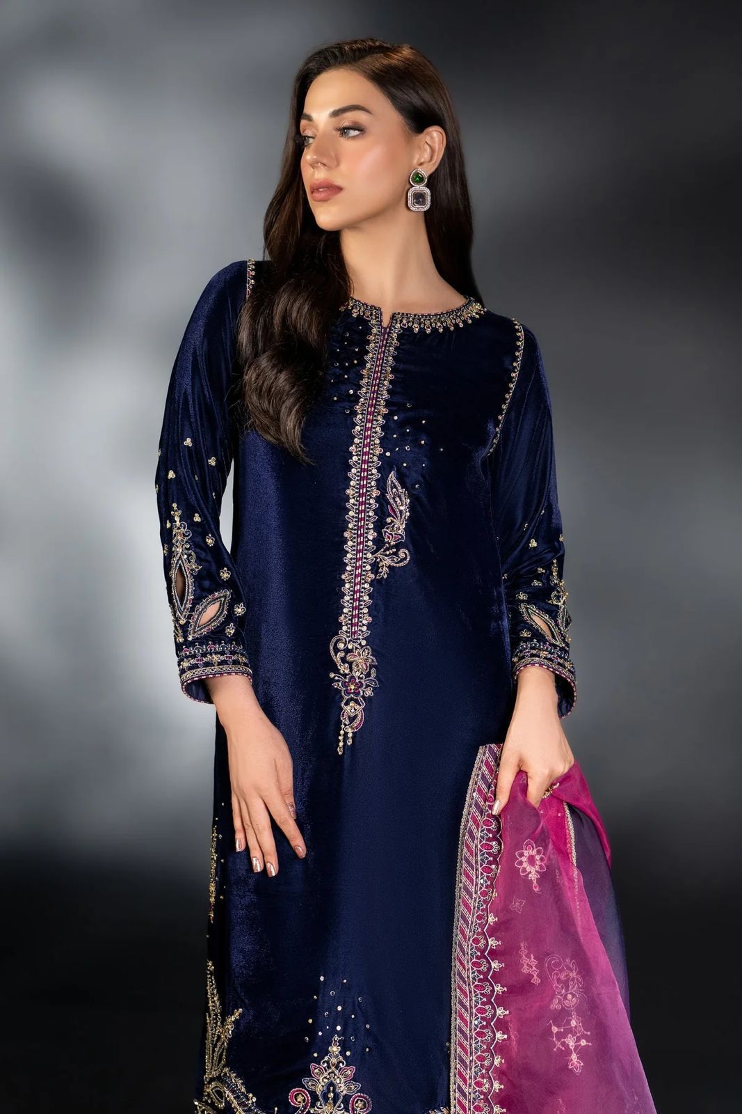 Naqashi Embroidered Velvet 3PC Dress | Partywear | Blue Zinc Embroidery | Velvet, Organza & Raw Silk