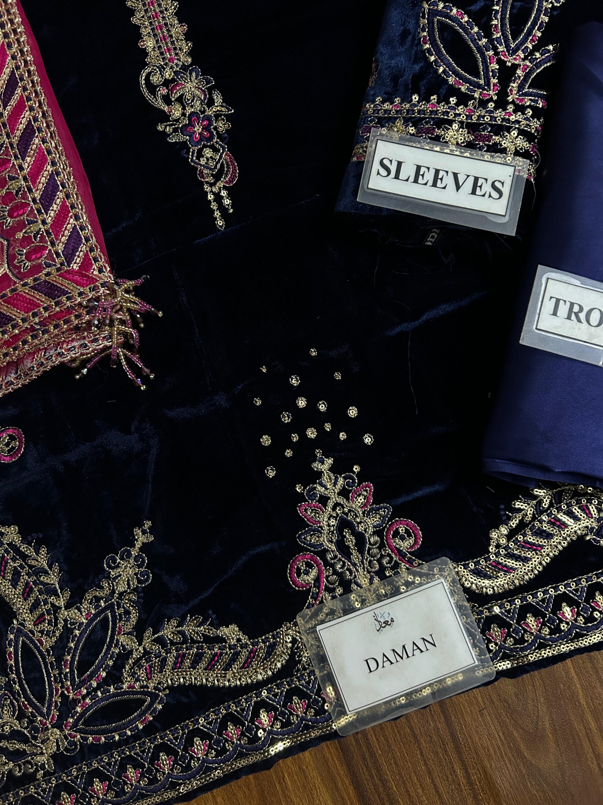 Naqashi Embroidered Velvet 3PC Dress | Partywear | Blue Zinc Embroidery | Velvet, Organza & Raw Silk - Image 4