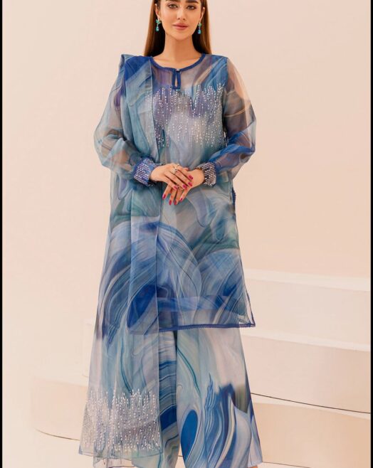 Azmin Unstitched Organza Suit With Swiss Lawn Trouser | Digital Print