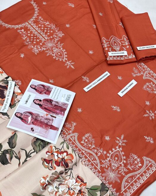 Premium Dhanak 3PC Suit | Heavy Embroidered Front & Digital Wool Shawl