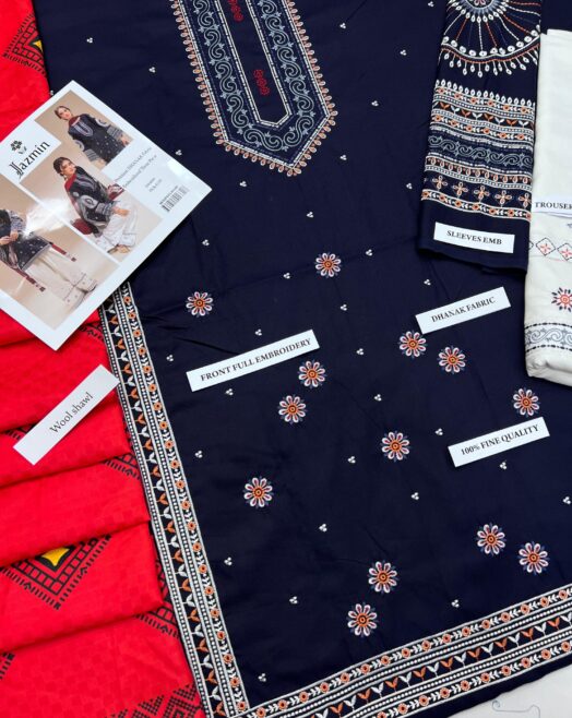 Jazmin Premium Dhanak 3PC | Full Heavy Embroidery & Digital Wool Shawl