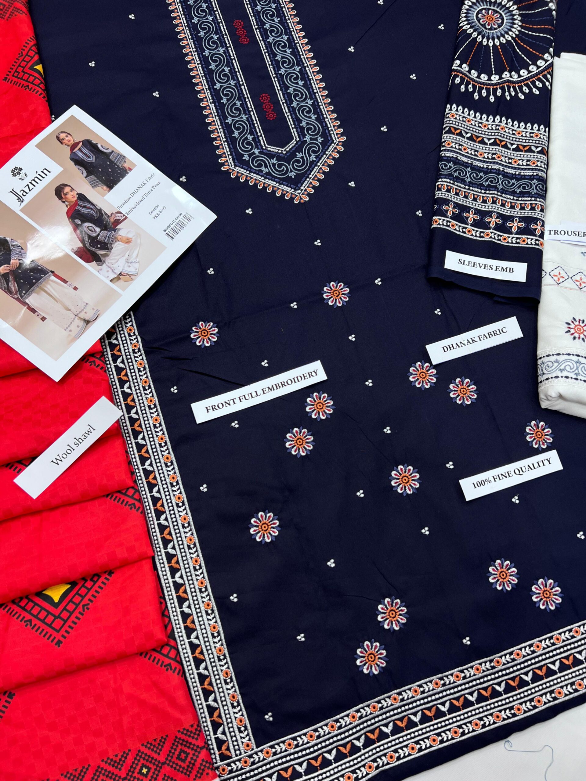 Jazmin Premium Dhanak 3PC | Full Heavy Embroidery & Digital Wool Shawl