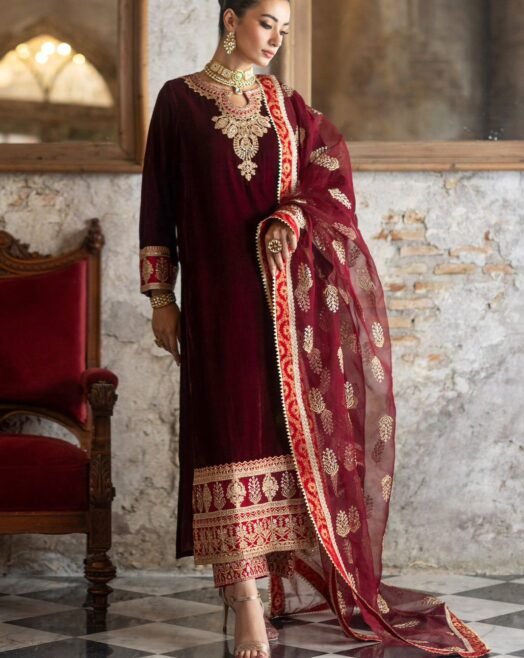 Zainab Chottani Unstitched Velvet 3PC Suit | Organza Dupatta | Sequin Work