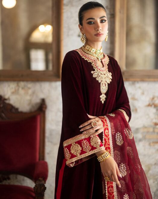 Zainab Chottani Unstitched Velvet 3PC Suit | Organza Dupatta | Sequin Work