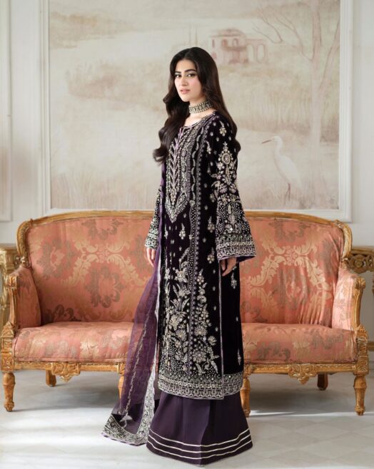 Aneelas Luxury Velvet 3PC Suit | Heavy Embroidery & Adda Work | Organza Dupatta