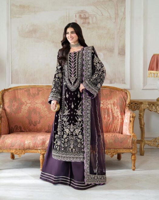 Aneelas Luxury Velvet 3PC Suit | Heavy Embroidery & Adda Work | Organza Dupatta