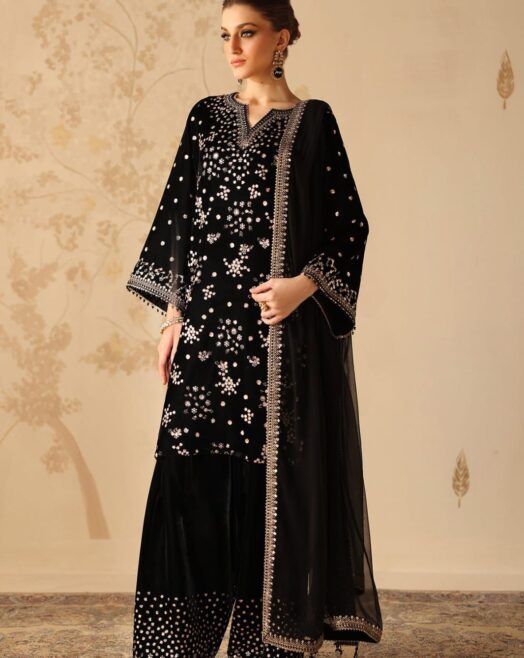 Baroque Luxury Velvet 3PC Suit | Heavy Embroidery | Chiffon Dupatta