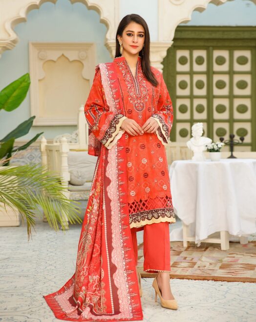 Sitara Studio Unstitched Khaddar 3pc Digital Printed & Embroidered Peach Suit