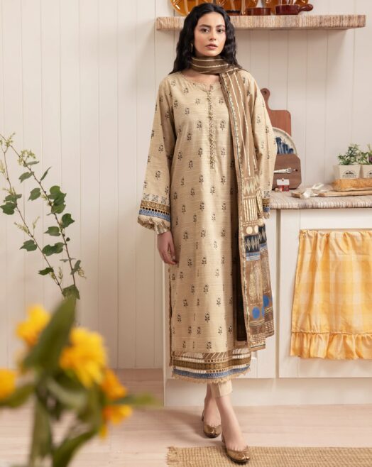 Edenrobe Unstitched Dark Beige Paste Printed Cambric 3 Piece