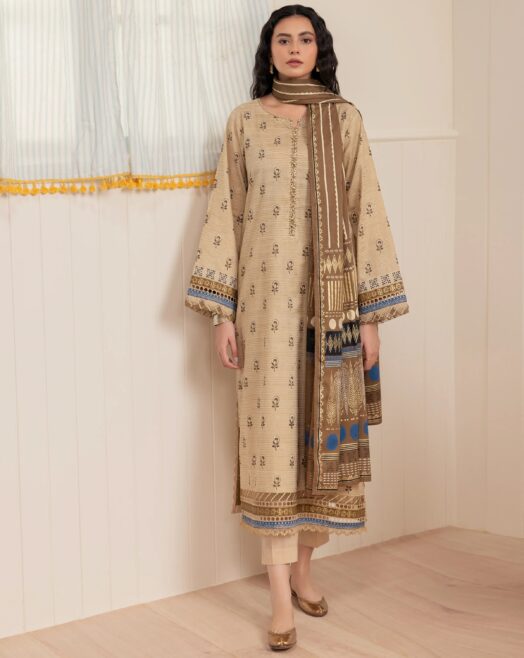 Edenrobe Unstitched Dark Beige Paste Printed Cambric 3 Piece