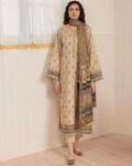 Edenrobe Unstitched Dark Beige Paste Printed Cambric 3 Piece