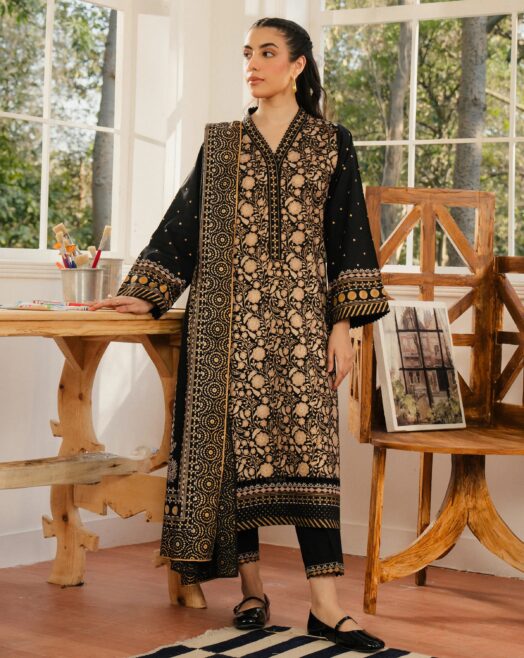 Edenrobe Unstitched Black Paste Printed Cambric 3 Piece