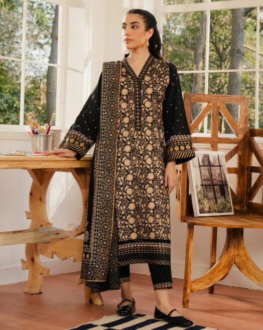 Edenrobe Unstitched Black Paste Printed Cambric 3 Piece