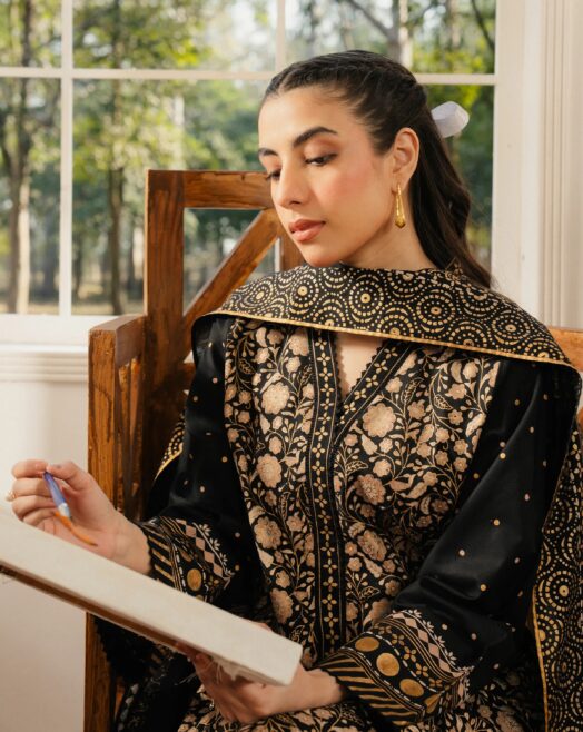 Edenrobe Unstitched Black Paste Printed Cambric 3 Piece