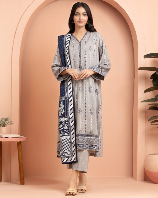 Edenrobe Unstitched Grey Paste Printed Cambric 3 Piece