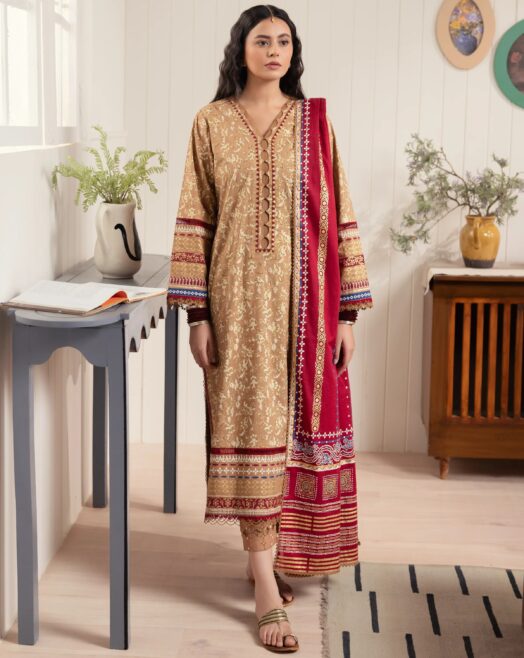 Edenrobe Unstitched Light Brown Paste Printed Cambric 3 Piece