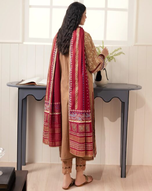 Edenrobe Unstitched Light Brown Paste Printed Cambric 3 Piece