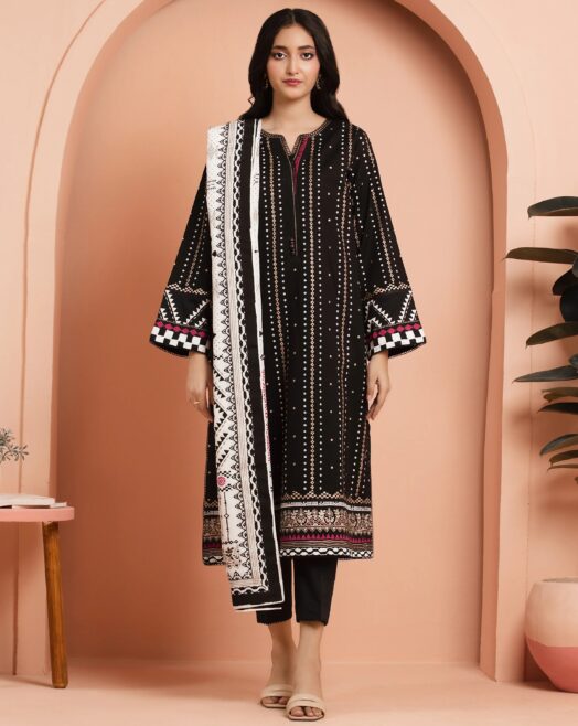 Edenrobe Unstitched Black Paste Printed Cambric 3 Piece -01