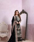 Luxury premium velvet suit featuring fully heavy sequence & zari embroidery, chiffon embroidered dupatta, and silk trouser with patch detailing — perfect for formal & festive wear.