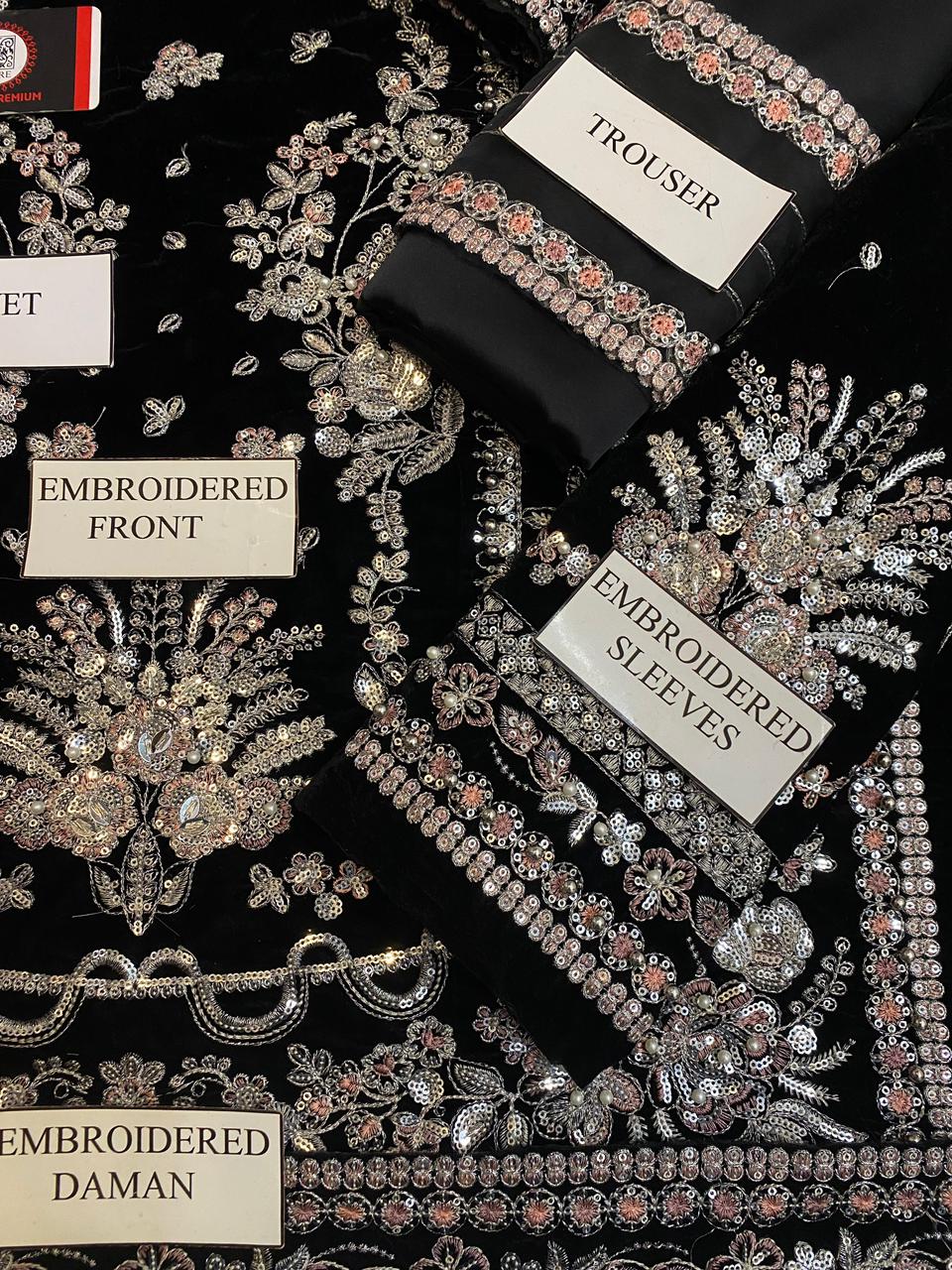 Luxury premium velvet suit featuring fully heavy sequence & zari embroidery, chiffon embroidered dupatta, and silk trouser with patch detailing — perfect for formal & festive wear.